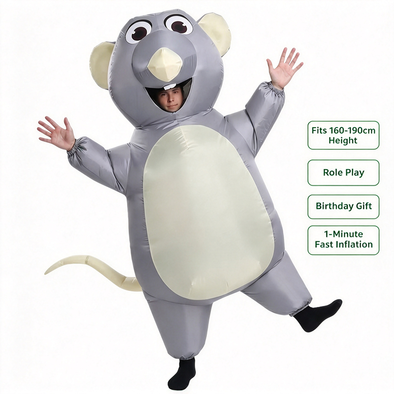Halloween Costume Kids - 大人も子供も楽しめる、空気で膨らませるグレーのネズミのコスチューム。面白い漫画風のネズミの着ぐるみで、ハロウィーンパーティーやカーニバルのプレゼントに最適。空気入れ付き。