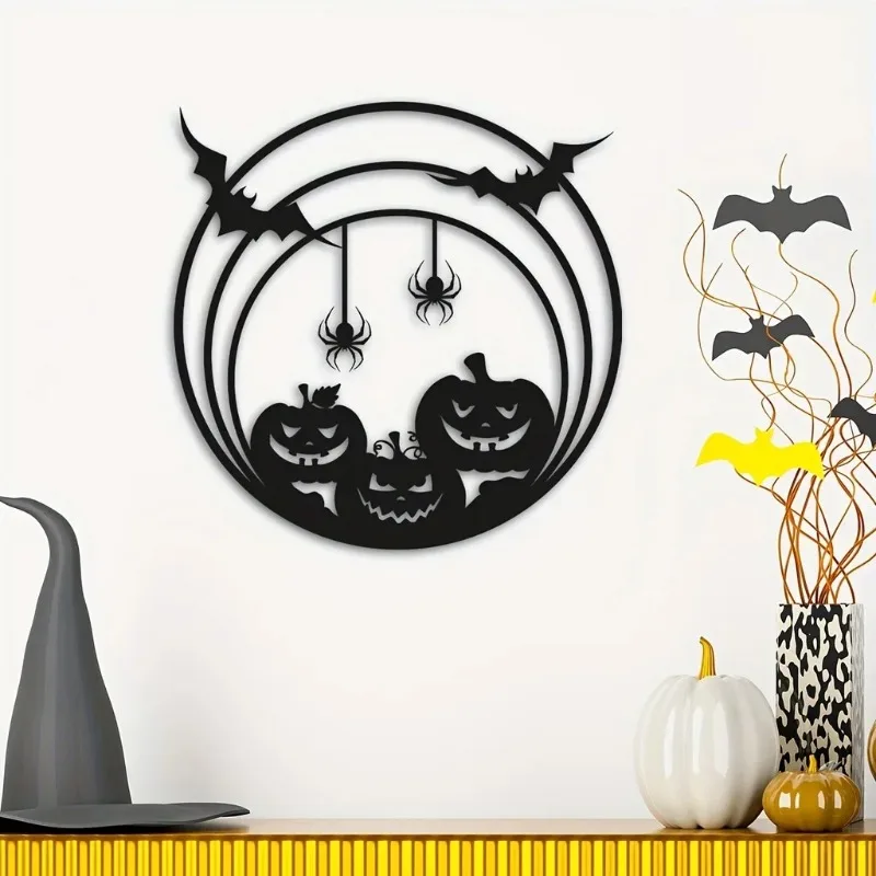Spider Web Halloween Decoration - ハロウィーンの金属製壁飾り。カボチャ、コウモリ、蜘蛛の巣のデザイン。鉄製の2D平面彫刻で、ドアに飾ったり、パーティーの装飾や家庭のインテリアとして使用できます。死者の日をテーマにした装飾にも。