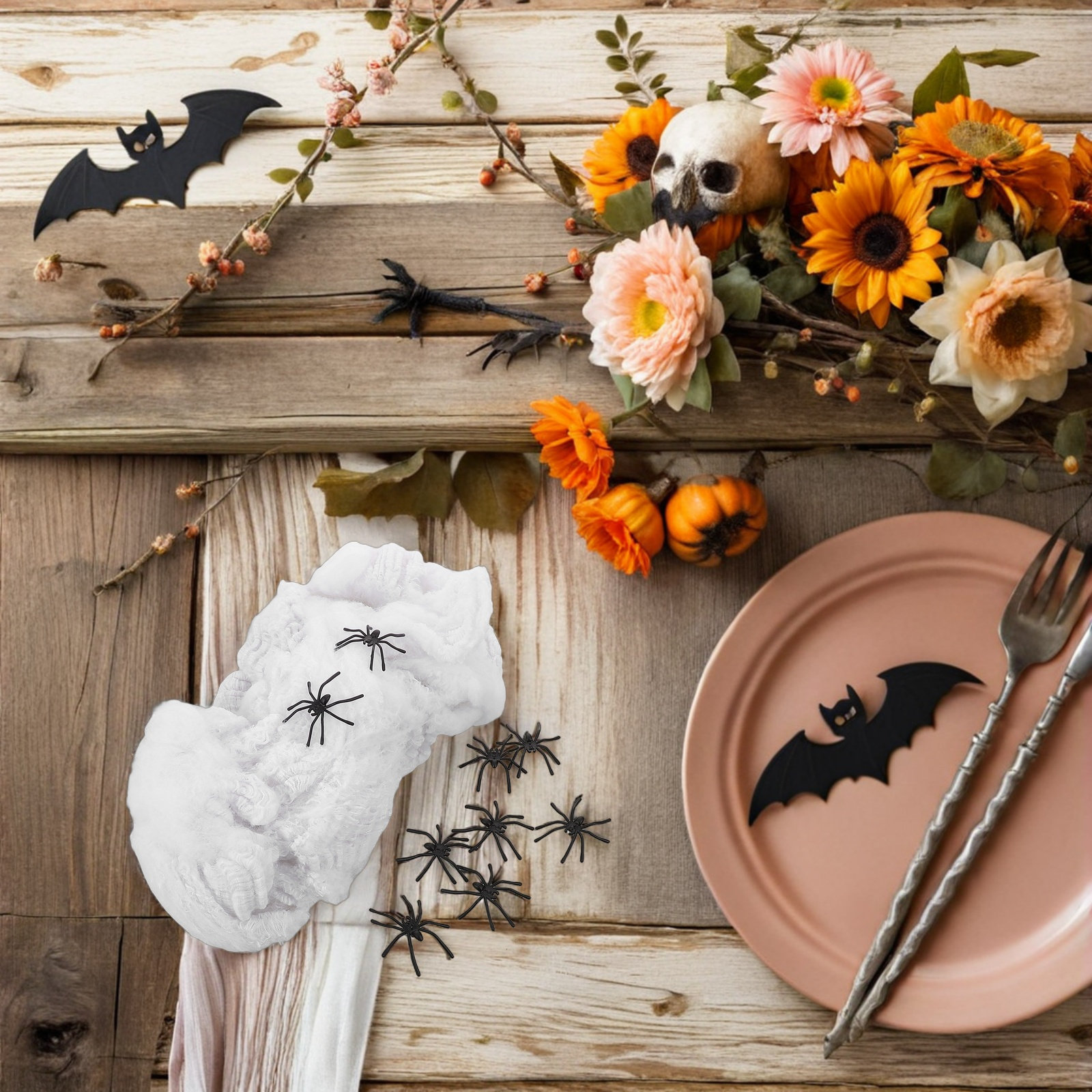 Spider Web Halloween Decoration - ハロウィーンの装飾用、リアルな蜘蛛が付いた白い綿製の蜘蛛の巣のセット。屋内・屋外のハロウィーンパーティー、お化け屋敷、不気味なテーマに最適。