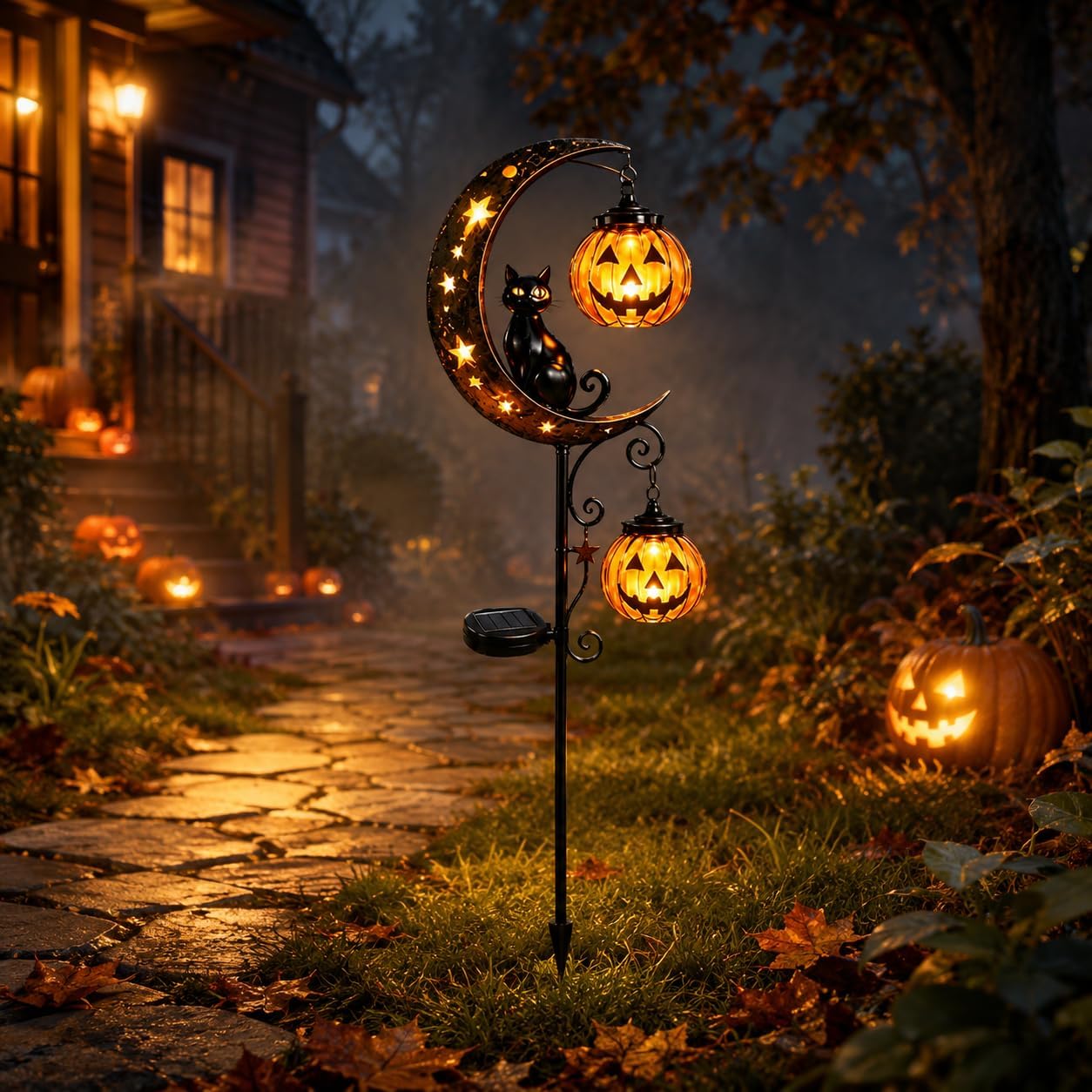 Halloween Pumpkin Decor Led - ソーラーハロウィン黒猫＆カボチャ月ガーデンステークライト、屋外防水LEDヤードデコレーション（三日月付き）