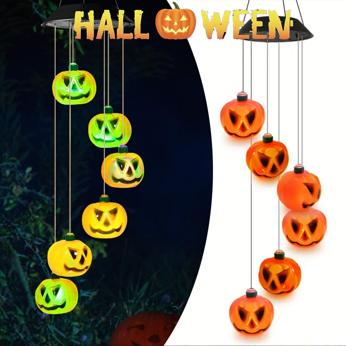 Halloween Pumpkin Decor Led - 太陽光発電式ハロウィンパンプキン風鈴 カラフルなLEDライト付き 怒ったパンプキンの吊り下げ装飾 ガーデンポーチパティオ窓用