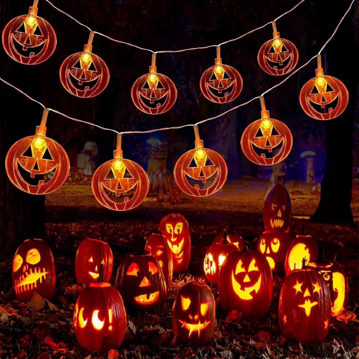 Halloween Led String Lights Orange - 1pc 20LED オレンジフラット中空ハロウィンカボチャライトストリングバッテリー駆動ホームパーティー庭庭ハロウィン装飾に適しています