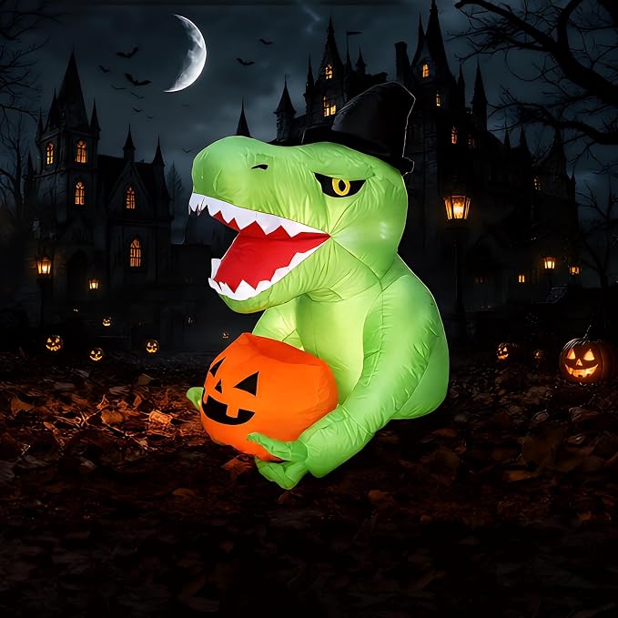 Halloween Pumpkin Decor Led - 135cm ハロウィーン用インフレータブル装飾品。屋外用。恐竜とカボチャの「トランク・オア・トリート」カー装飾キット。LEDライト付きで膨らませて使用。玄関先や庭、パーティーの装飾に最適。