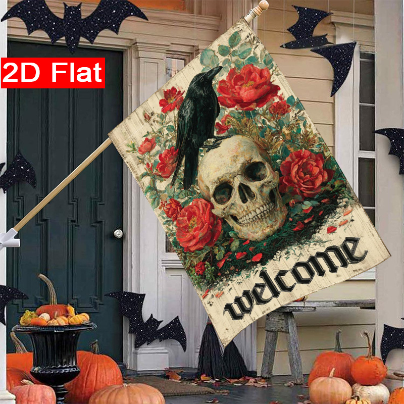 Halloween Skeleton Decoration - 2Dフラットデザイン - 2Dフラットハロウィーン、スケルトン、バラ、カラス、庭の旗（1）- 28×40インチ、屋外用、両面印刷、家庭用装飾、中庭用装飾、屋外装飾、芝生装飾、旗のみ