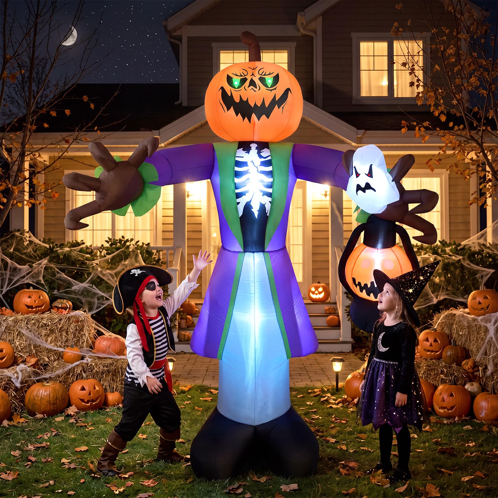 Halloween Pumpkin Decor Led - 高さ約2.4mのLEDライト付きハロウィーン用インフレータブルパンプキンゾンビ。防水仕様で、芝生、庭、玄関ポーチなどの屋外装飾に最適。内蔵ファン付きで設置が簡単、耐候性にも優れています。