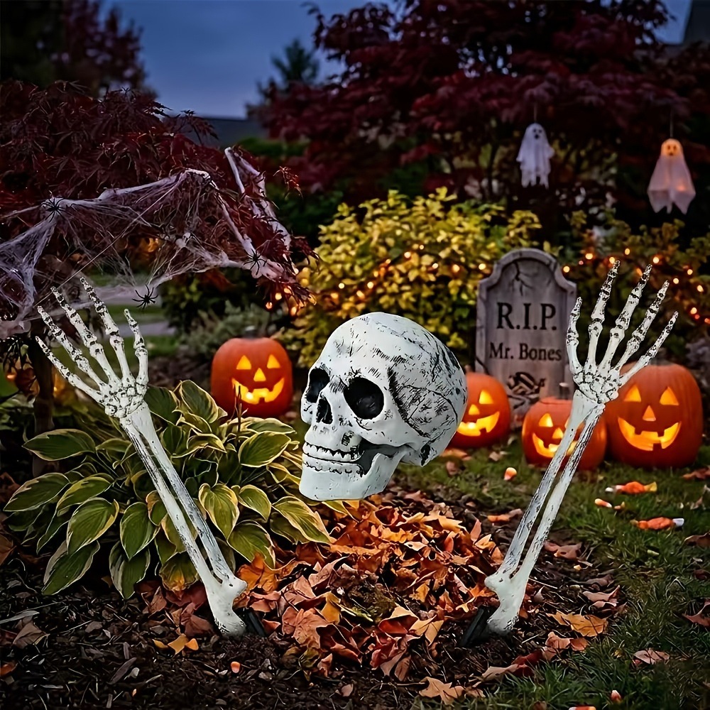 ハロウィーン用ガーデンデコレーション3点セット：骸骨の頭と手 - Halloween Skeleton Decoration のレビューと価格