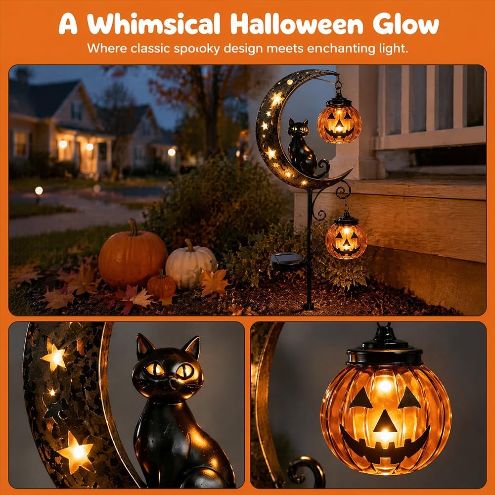 ソーラーハロウィン黒猫＆カボチャ月ガーデンステークライト、屋 - Halloween Pumpkin Decor Led のレビューと価格