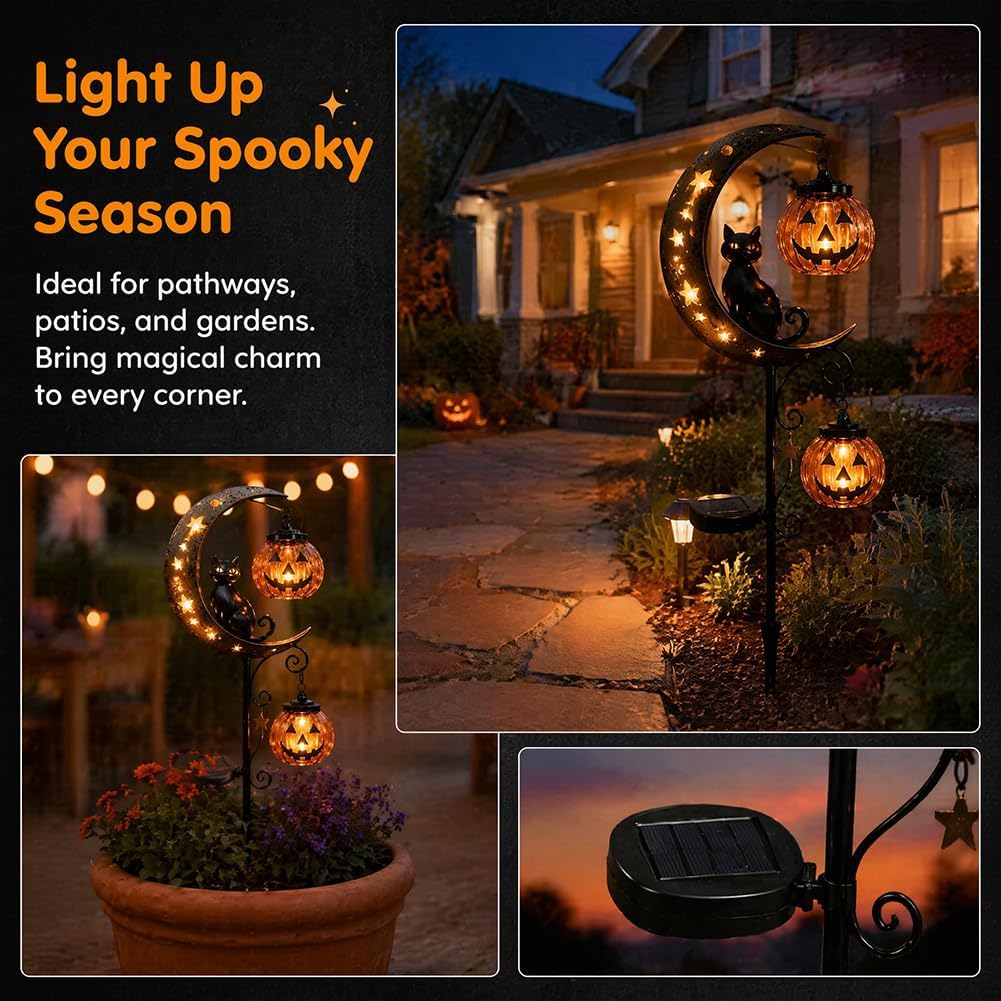 ソーラーハロウィン黒猫＆カボチャ月ガーデンステークライト、屋 - Halloween Pumpkin Decor Led のレビューと価格