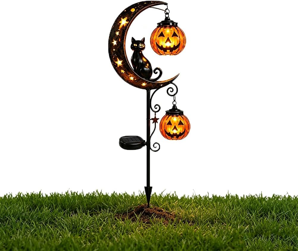 ソーラーハロウィン黒猫＆カボチャ月ガーデンステークライト、屋 - Halloween Pumpkin Decor Led のレビューと価格