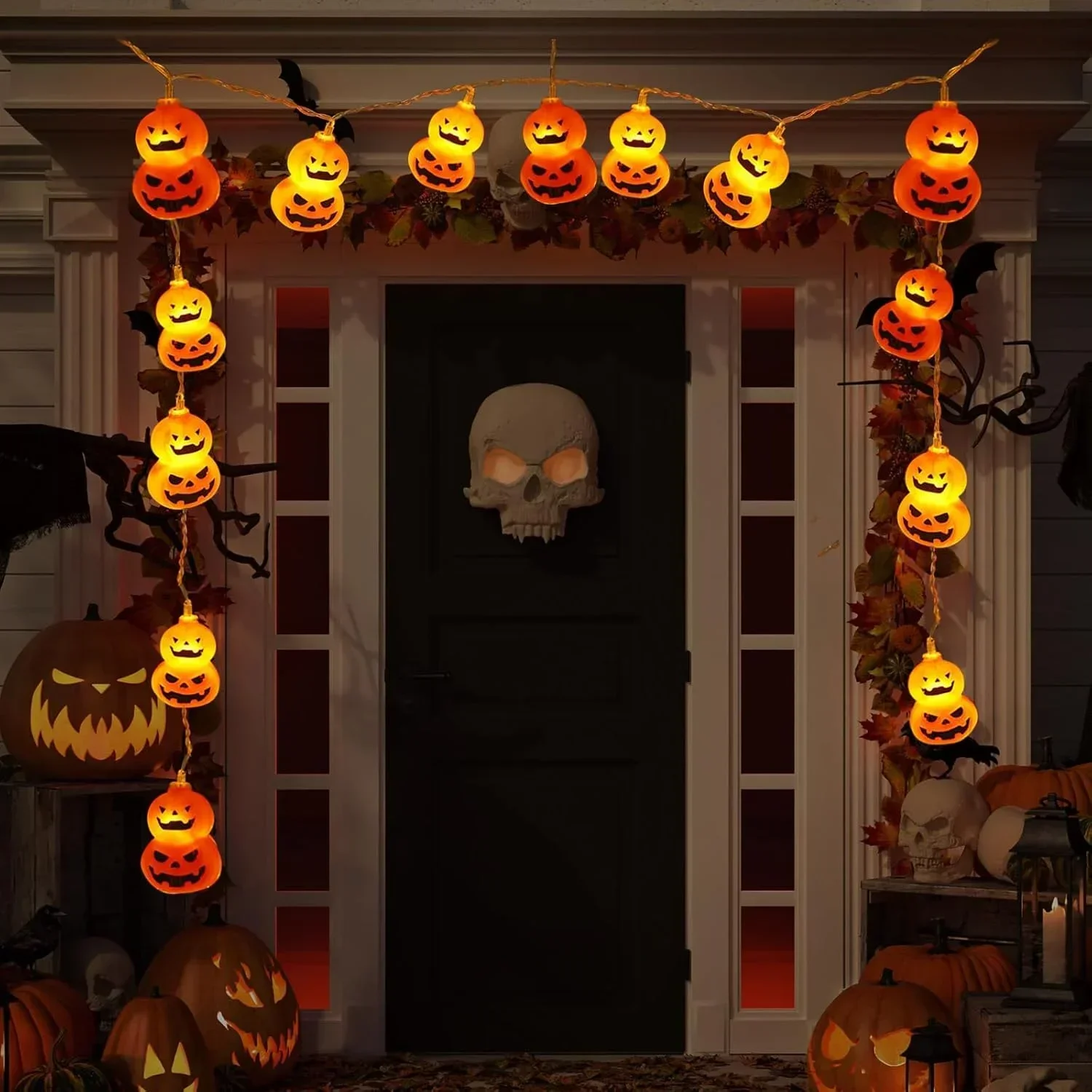 ジャック・オ・ランタン型のストリングライト。電池式で、オレン - Halloween Led String Lights Orange のレビューと価格