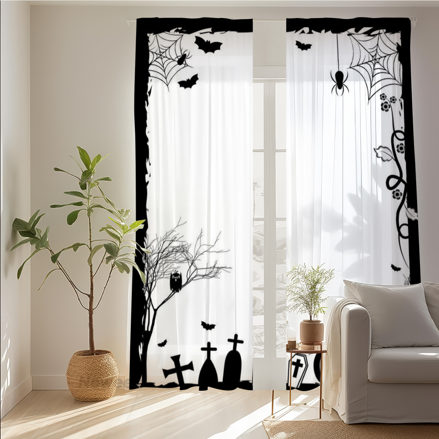 2枚組 デジタルプリント シアーカーテン、蜘蛛の巣墓石墓地ハ - Spider Web Halloween Decoration のレビューと価格
