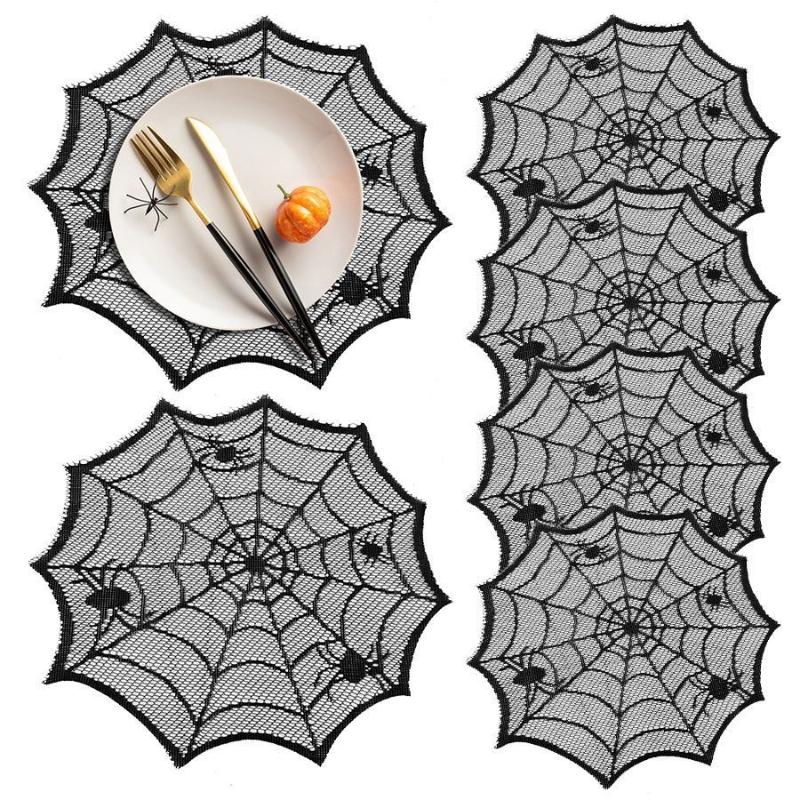 2枚または4枚セットの蜘蛛の巣模様の黒いレースのテーブルクロ - Spider Web Halloween Decoration のレビューと価格