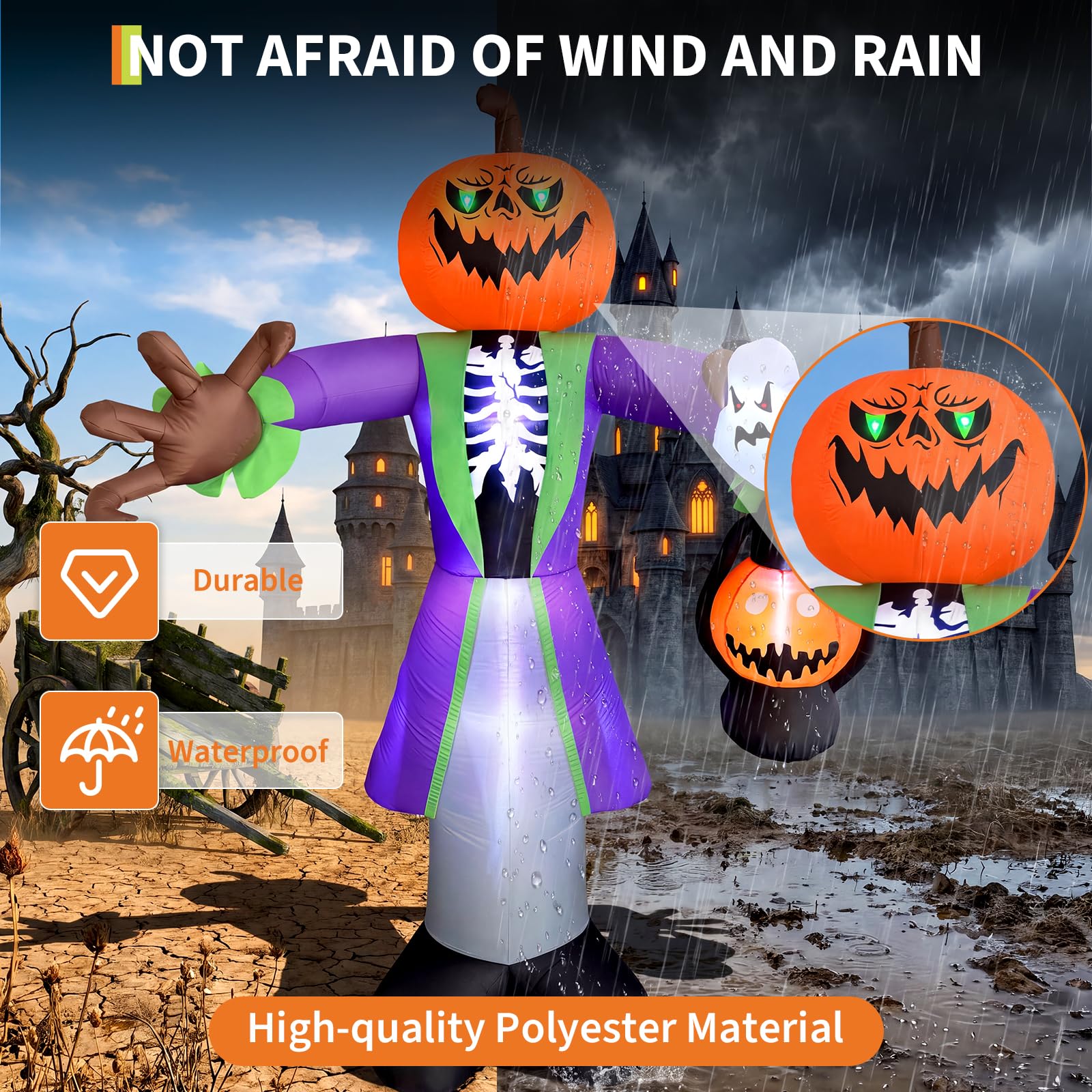 高さ約2.4mのLEDライト付きハロウィーン用インフレータブ - Halloween Pumpkin Decor Led のレビューと価格